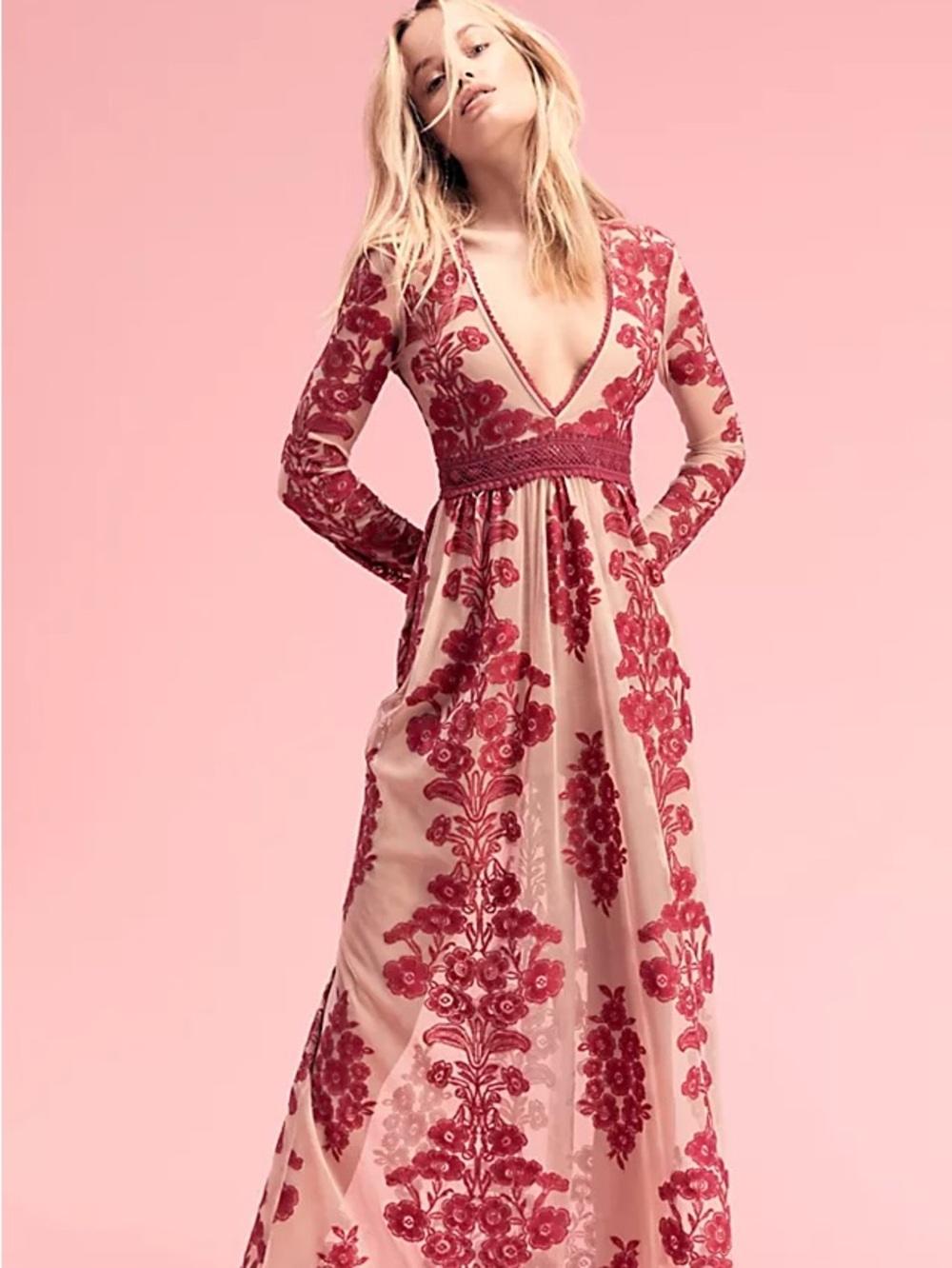 Free People Blush Maxi Dress with Wine Floral Embroidery